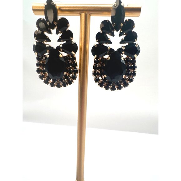 2/$24 Elegant Black Crystal Gold Statement Drop Earrings - Picture 3 of 7